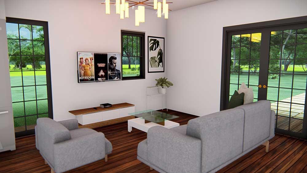 interior 3D rendering of Simple Life Barndominium front room
