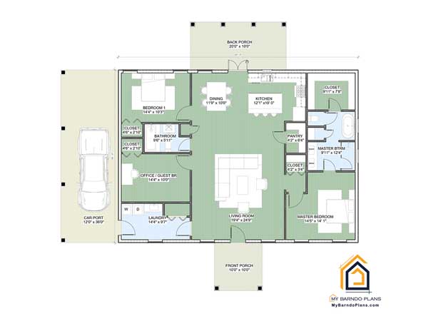 Thumb Baloo Barndominium Layout for 3BR 2BA