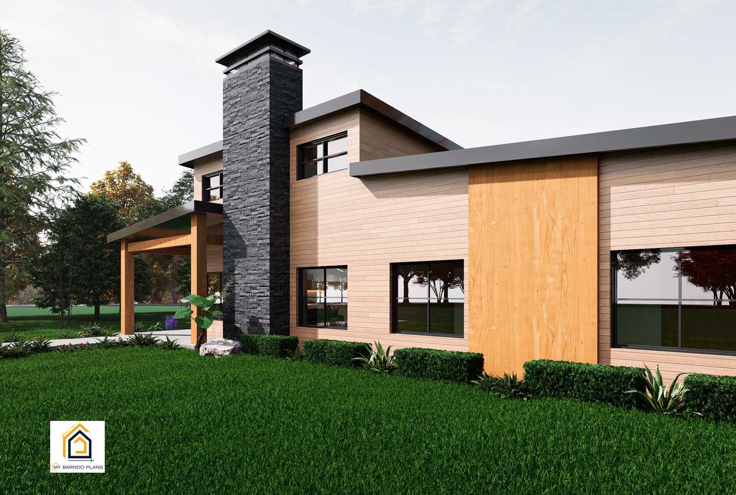 Angled front view of Modern-A home with modern stone fireplace, covered porch, and contemporary flat roof.