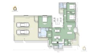 Modern-A floor plan with 3 bedrooms, 2.5 bathrooms, open-concept living, and attached 2-car garage – 2019 sq ft modern home design.