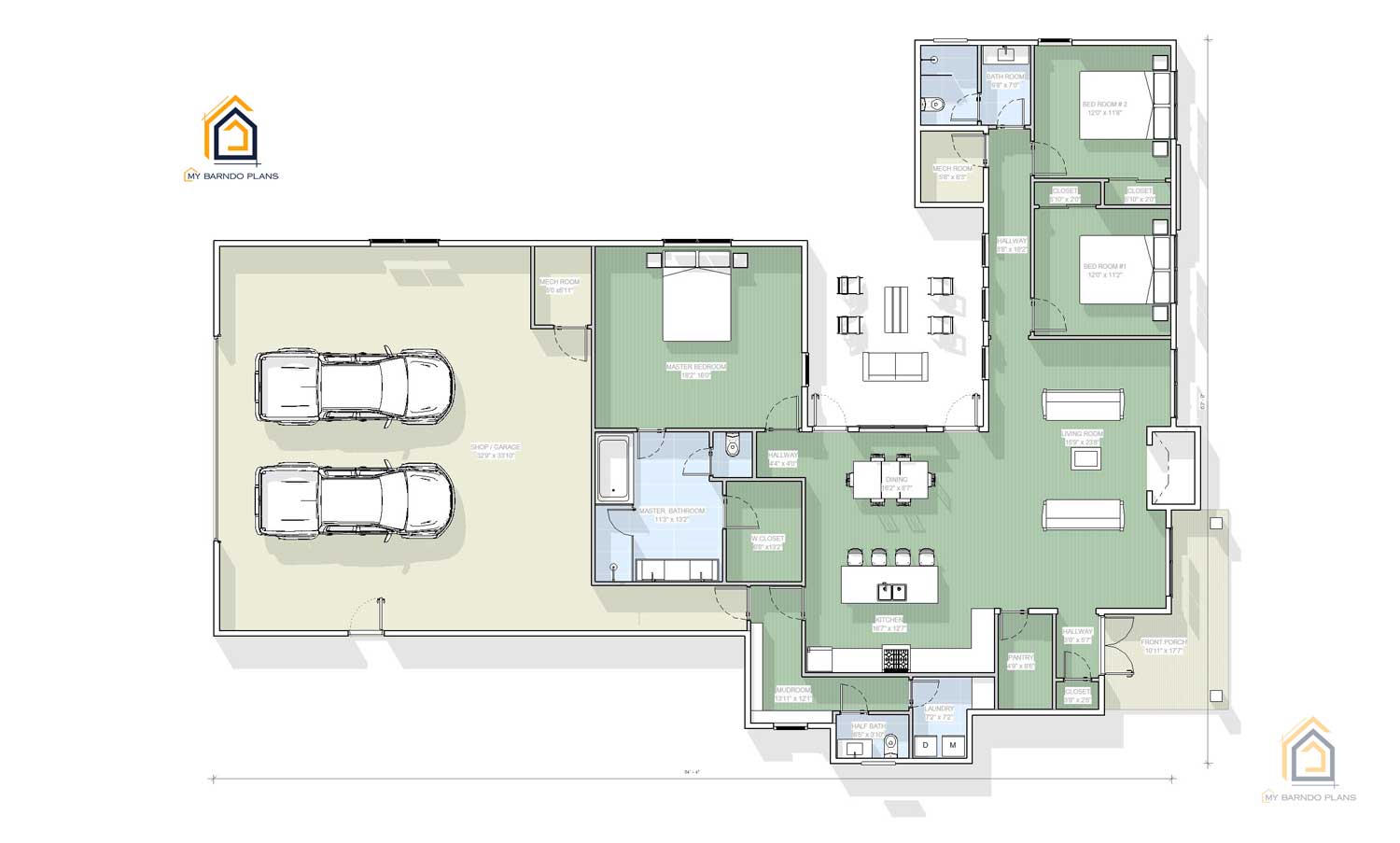 Modern-A floor plan with 3 bedrooms, 2.5 bathrooms, open-concept living, and attached 2-car garage – 2019 sq ft modern home design.