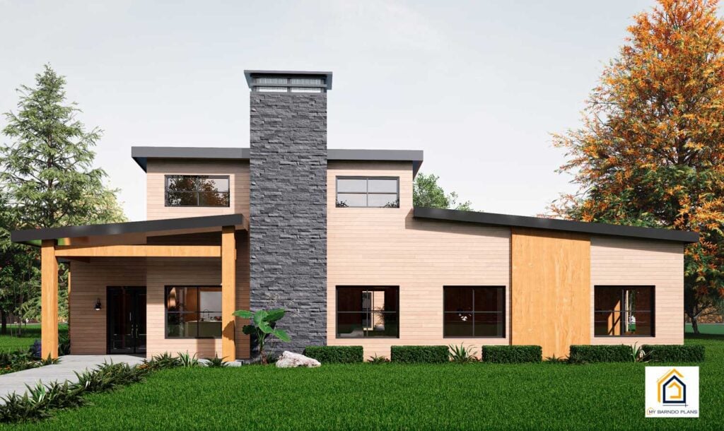 Modern-A front exterior with stone chimney, covered porch entry, flat rooflines, and modern wood siding.