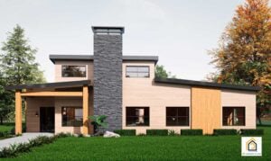 Modern-A front exterior with stone chimney, covered porch entry, flat rooflines, and modern wood siding.