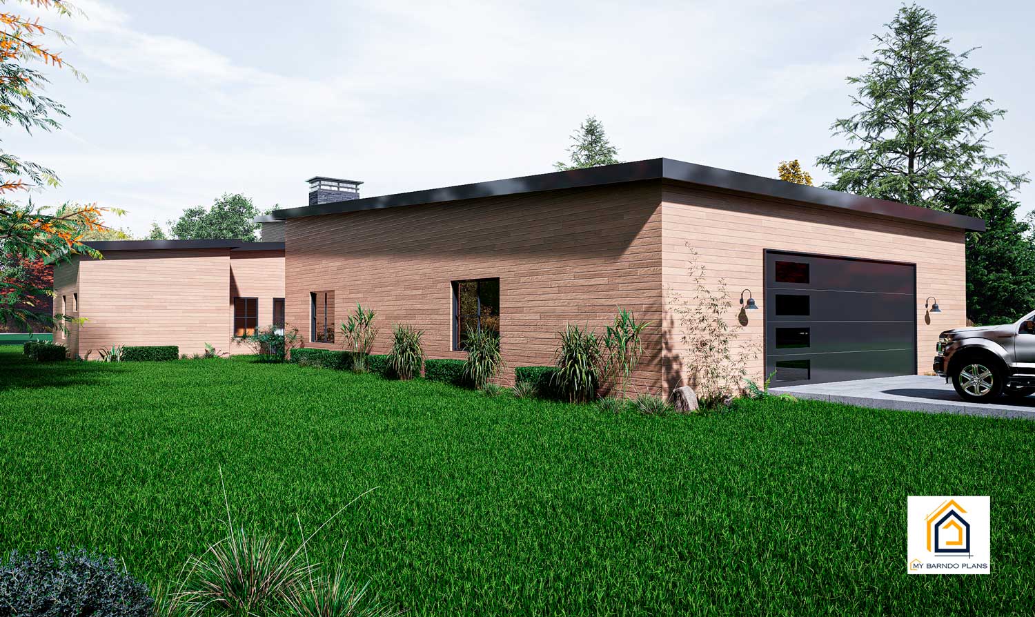 Modern-A home front garage view featuring modern flat roof design and wood siding with large two-car garage.
