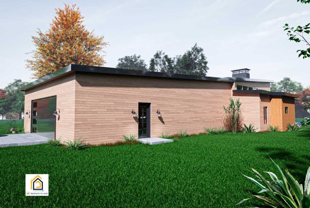 Side view of Modern-A house showing two-car garage, side entry door, and modern flat roof architecture.