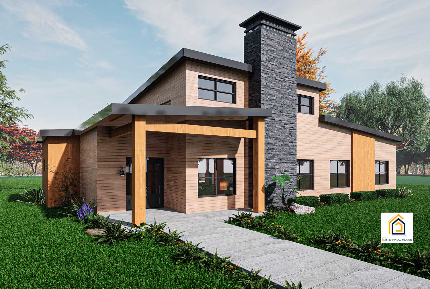 Modern-A modern home with front walkway entry, wood siding, stone chimney, and sleek roof design.