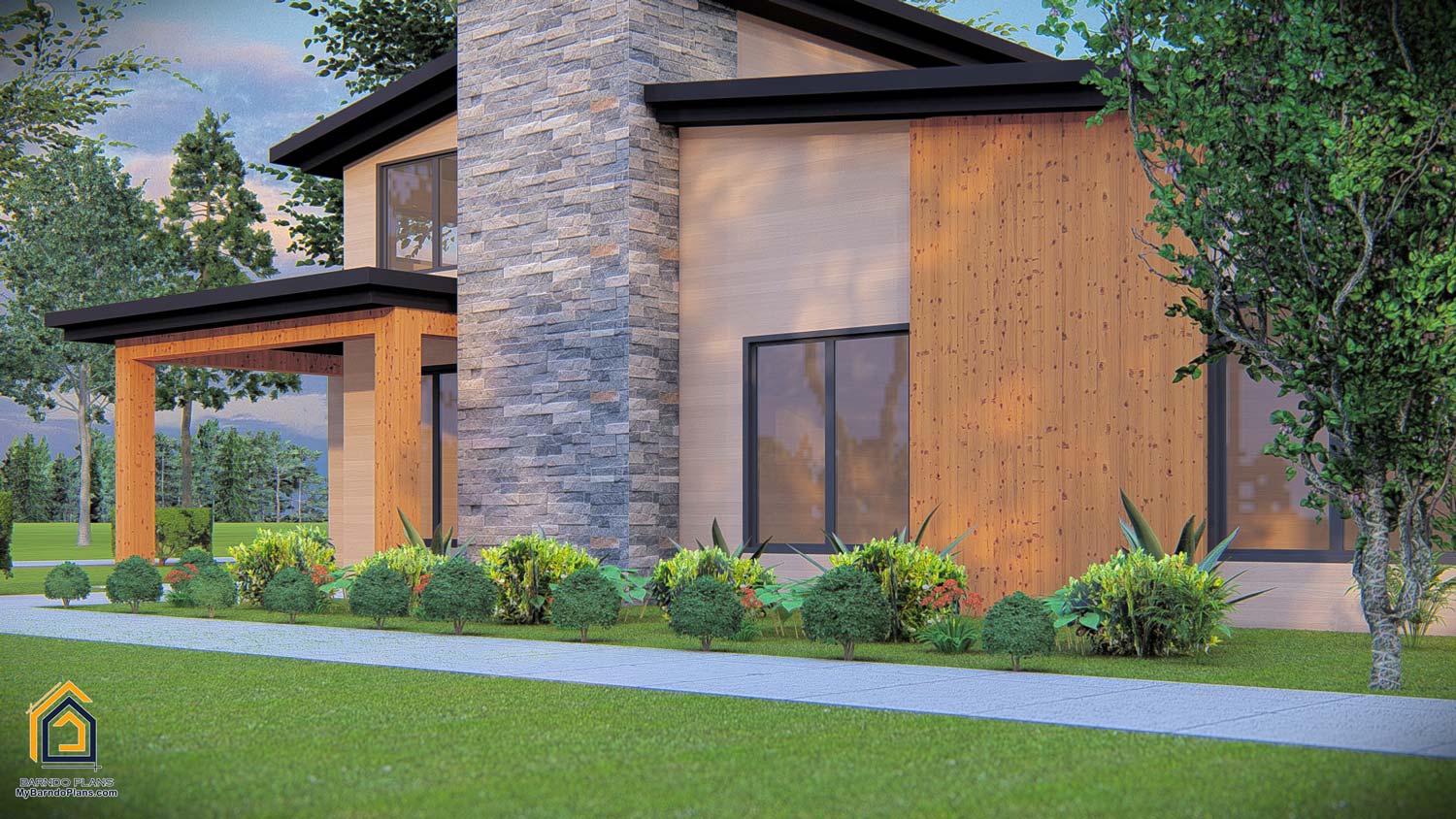modern barndominium floor plan design front right of home detail 3d rendering