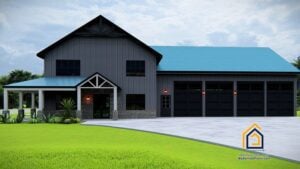 The Hammond Barndominium has 4 bedrooms and 3 baths. Large garage shop green roof