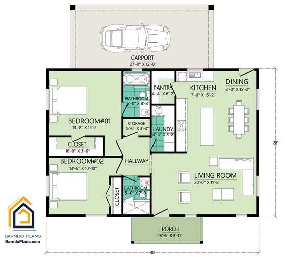The Shire Barndominium floor plan is 2 bedroom and 2 bathrooms. 2d layout