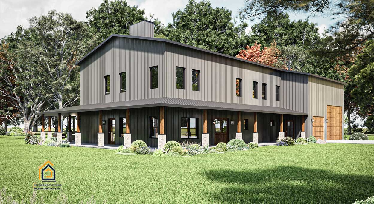 Corner view of the Double D Ranch barndominium with wraparound porch and large windows on both floors