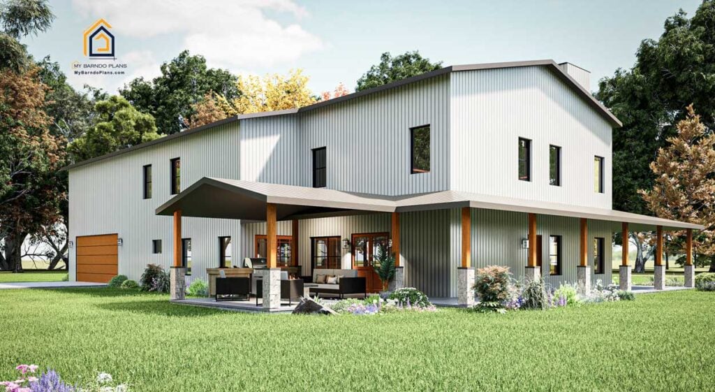 Rear corner perspective of the Double D Ranch Barndominium with a covered patio and white metal siding