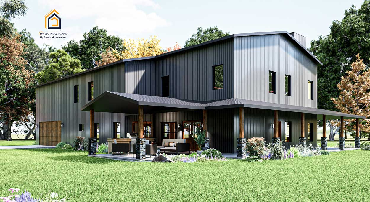 Back view of the Double D Ranch Barndominium featuring a covered patio, slate-gray siding, and black metal roof