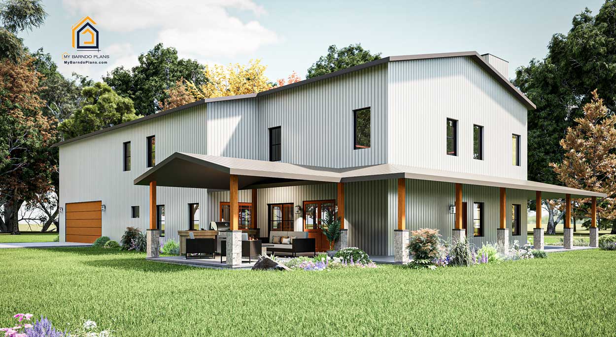 Rear corner perspective of the Double D Ranch Barndominium with a covered patio and white metal siding