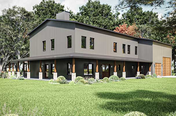 featured image Corner view of the Double D Ranch barndominium with wraparound porch and large windows on both floors