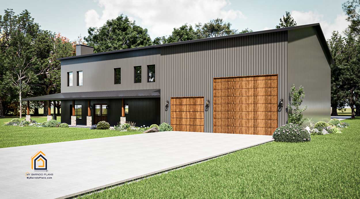 Front view of the Double D Ranch Barndominium showing two-car garage with wood-tone doors and upper windows