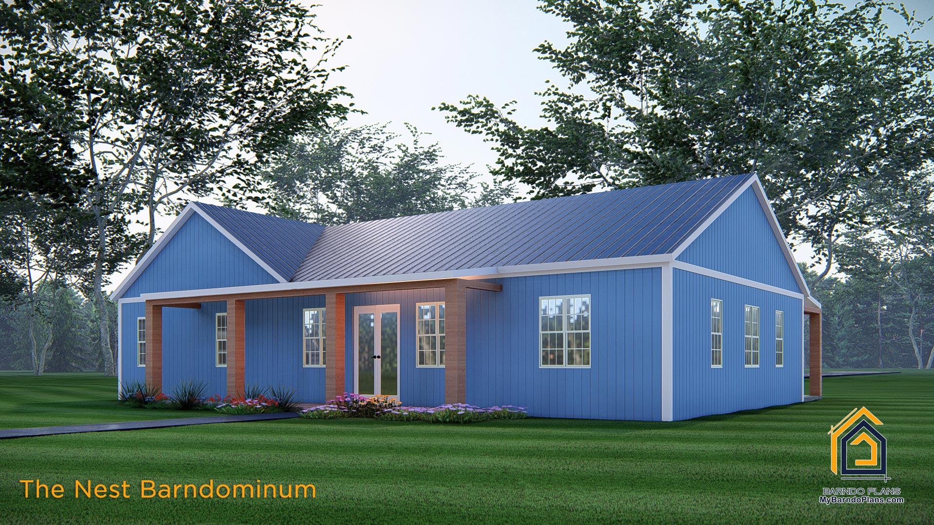 The Nest Barndominium 3D rendering image of home plan front of barndo