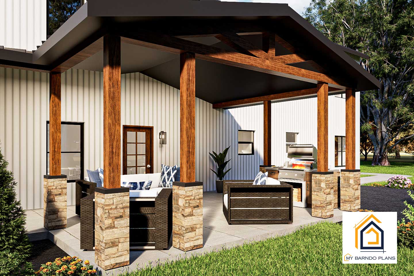 Close-up of the 2200 Barndominium back porch with stone columns, outdoor furniture, and built-in grill station under a covered patio.