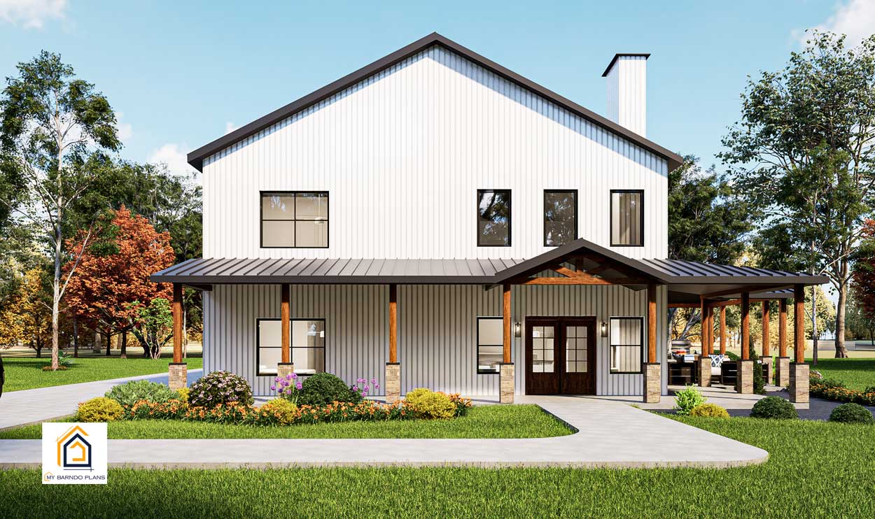 Front elevation of the 2200 Barndominium plan showing double front doors, metal siding, and covered porch supported by wood and stone columns.