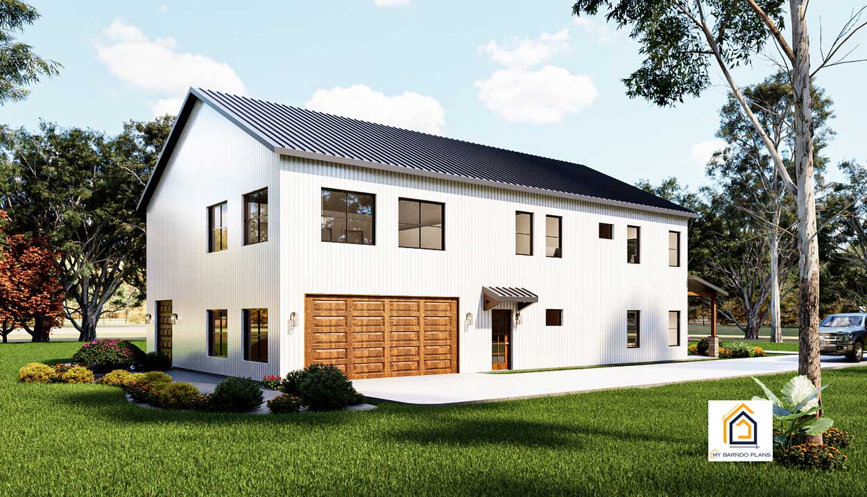 Garage side of the 2200 Barndominium floor plan with white metal siding, black roof, and two-car wooden garage doors.