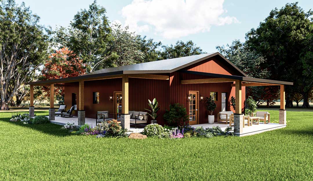 Simple Dreams 28x44 cold formed steel barndominium kit with white metal siding, front left exterior view