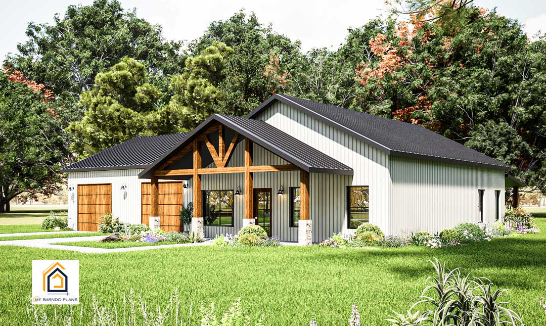 Getaway Barndominium Kit Package - 2 BR and Screened Porch. Shown with black metal roof