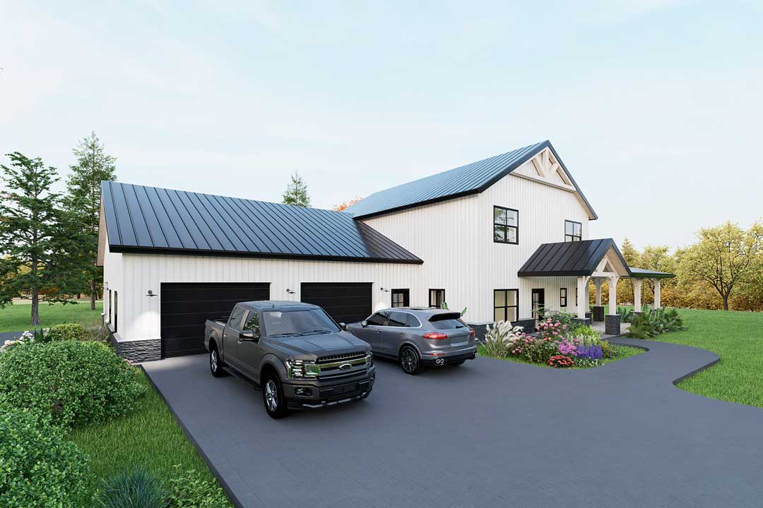 The 2500 sq foot Harmony Red Iron Barndominium kit has 3 bedrooms, 3 bathrooms a large shop, a home office,