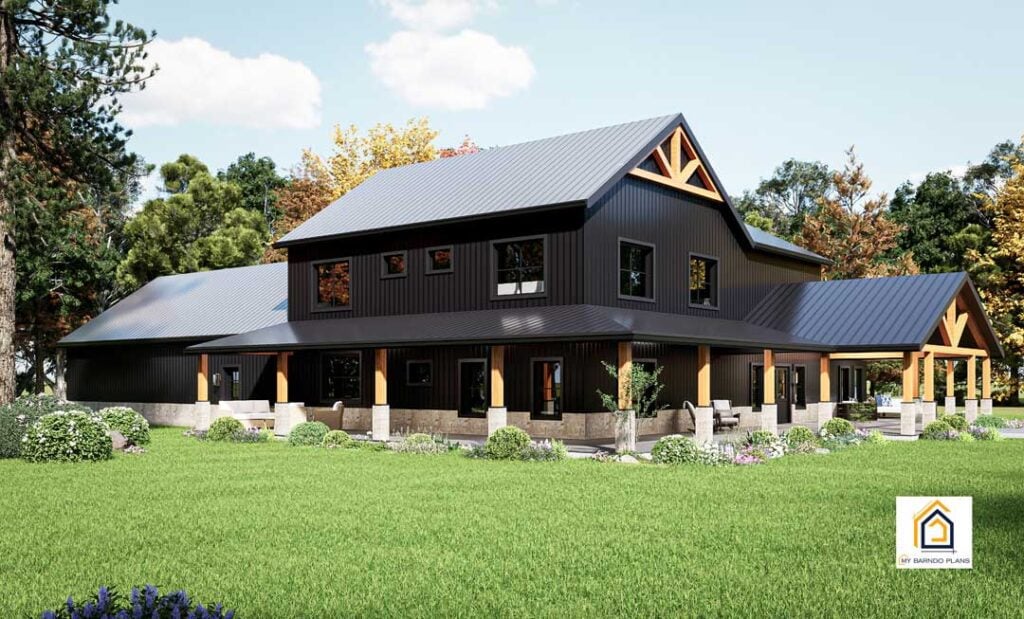Red Iron Summit Barndominium Kit Shown with Black Metal Siding and Black Metal Roof