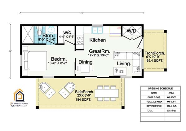 1 bedroom ADU cottage floor plan thumb