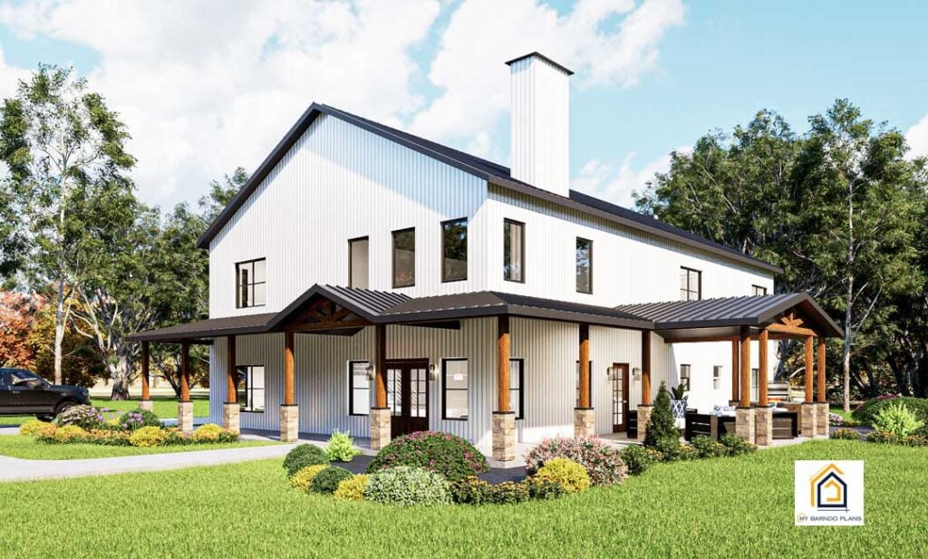 Red Iron 2200 Barndominium Kit Package Shown in White Metal Siding and Black Metal Roof.