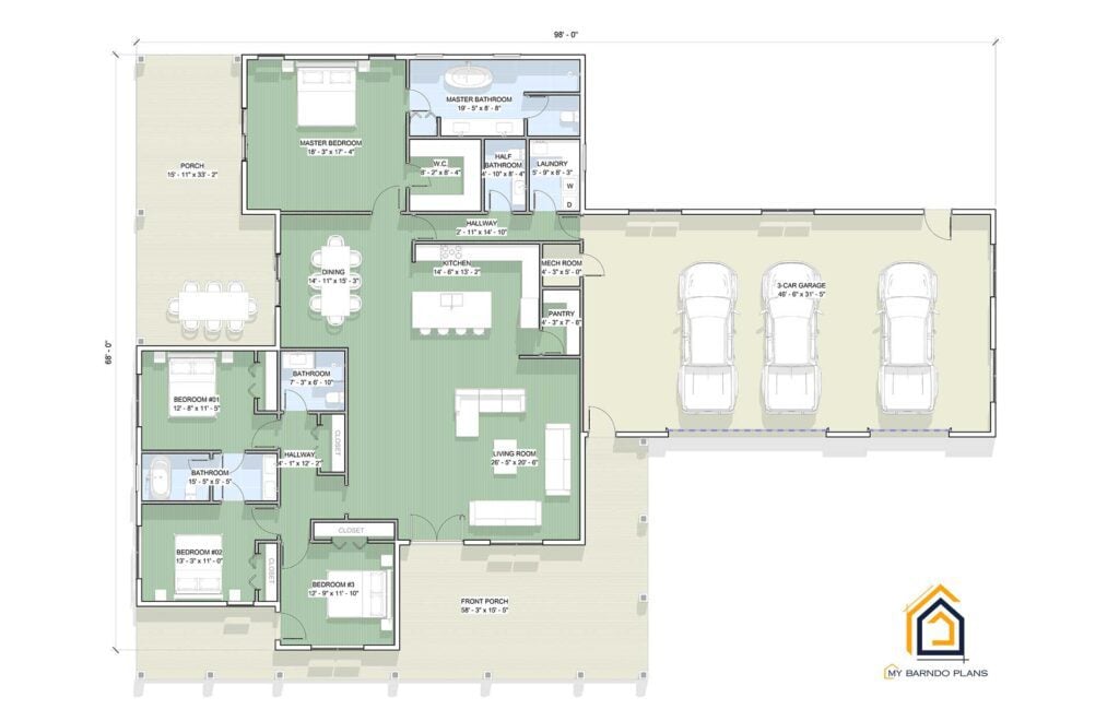 Floor plan layout of the Huron 4-bedroom single-story barndominium featuring open living room, kitchen, dining area, master suite with large bath, three additional bedrooms, front and back porches, and a spacious 3-car garage