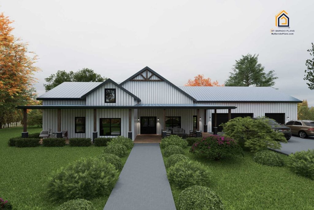The Huron Barndominium is 4 bedroom and 3.5 baths Green Roof White Siding