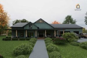 A color option photo for the Huron Barndominium - Green with gray roof
