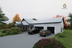 Garage view of The Huron Barndominium is 4 bedroom and 3.5 baths Green Roof White Siding