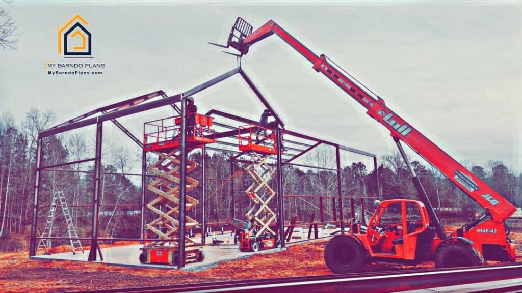 Telehandler Setting a Truss on the Blue Magnolia