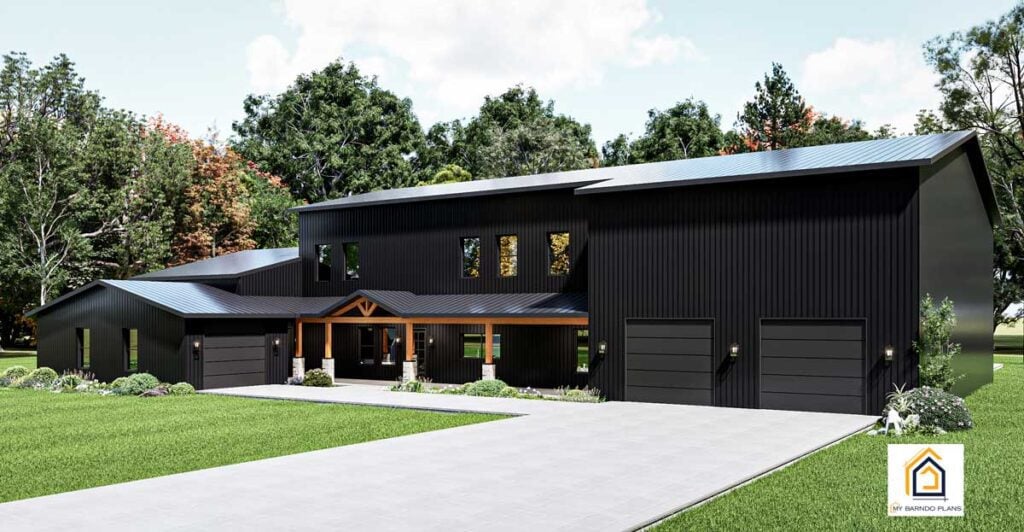 Front view of the Double G Barndominium in black finish with triple garage doors