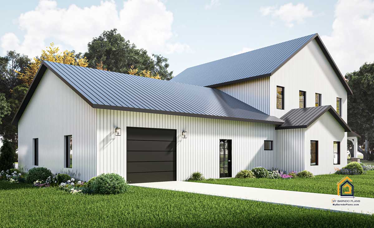 Back driveway view of the Anthem Barndominium with a large three-car garage, inviting area.