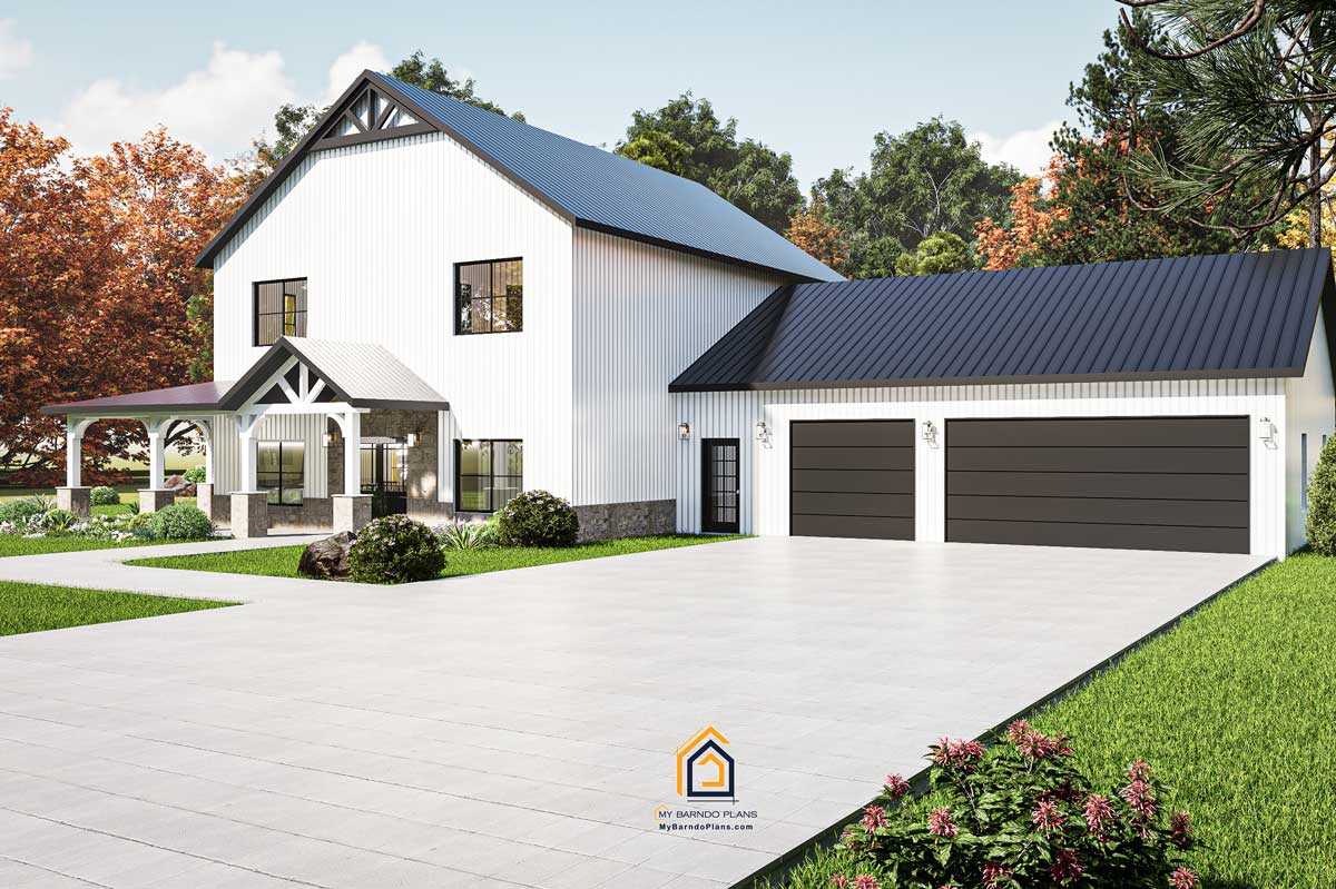 Front driveway view of the Anthem Barndominium with a large three-car garage, inviting front porch, and a paved entry area.
