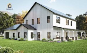 Rear corner view of the Anthem Barndominium highlighting the detailed gable accents, full-length porch with stone columns, and upstairs windows.