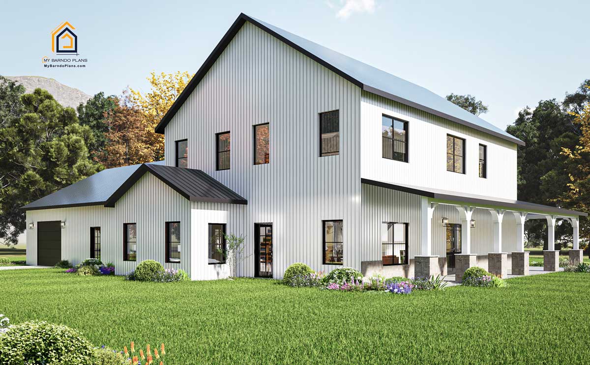 Rear corner view of the Anthem Barndominium highlighting the detailed gable accents, full-length porch with stone columns, and upstairs windows.