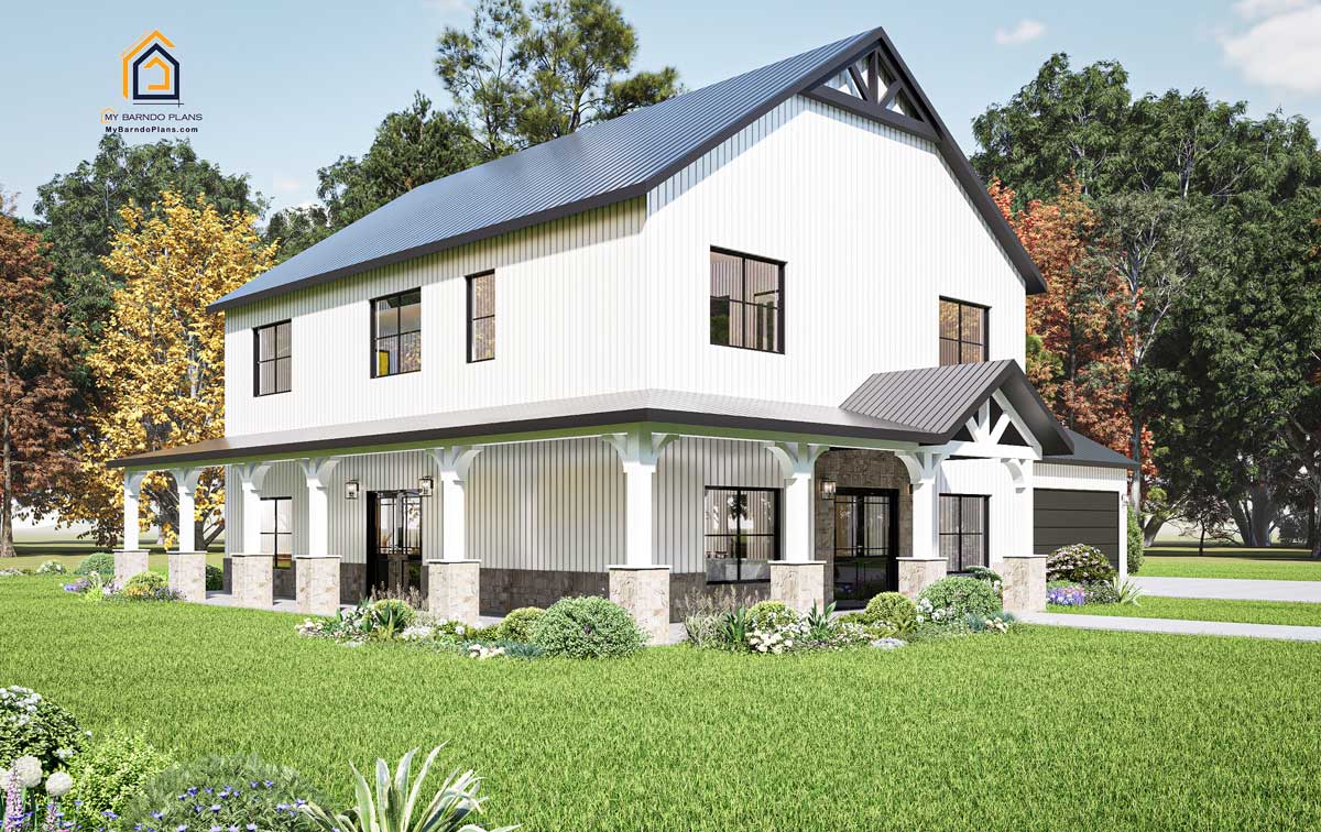 Side and rear view of the Anthem Barndominium showcasing its covered wraparound porch, black-trimmed windows, and two-story vertical siding design.