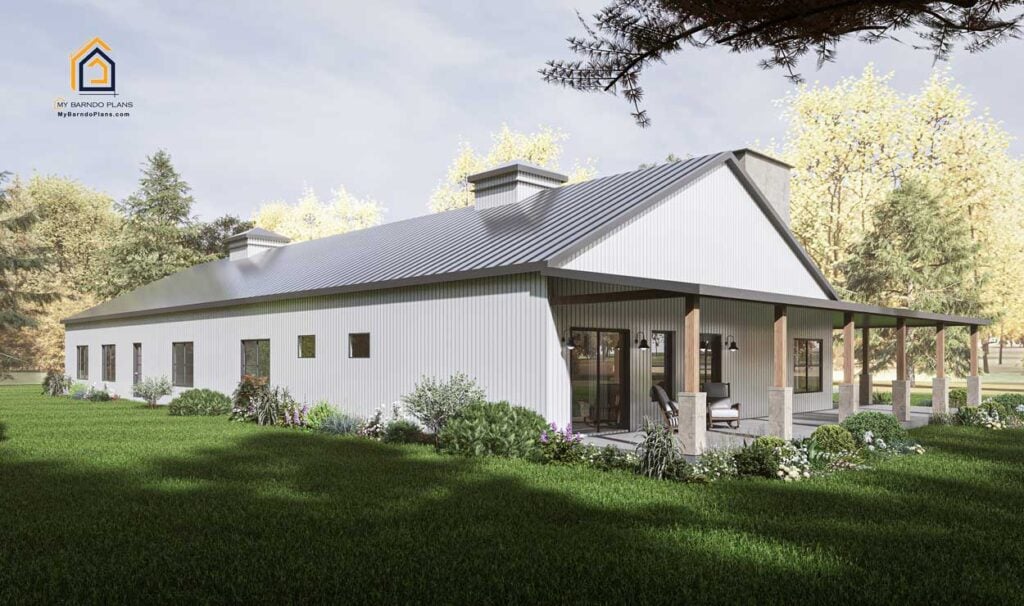 Rear exterior perspective of Longhorn Barndominium showing covered porch area, ample windows, and attractive landscaping.