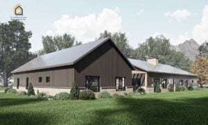 Exterior rendering of the Legacy Barndominium showing the left side with dark vertical metal siding, a pitched metal roof, and landscaped greenery in the foreground.