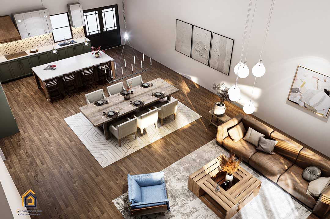 Overhead view of the open living area in the Summit Barndominium, highlighting the seamless flow between the kitchen, dining area, and living room with modern furnishings