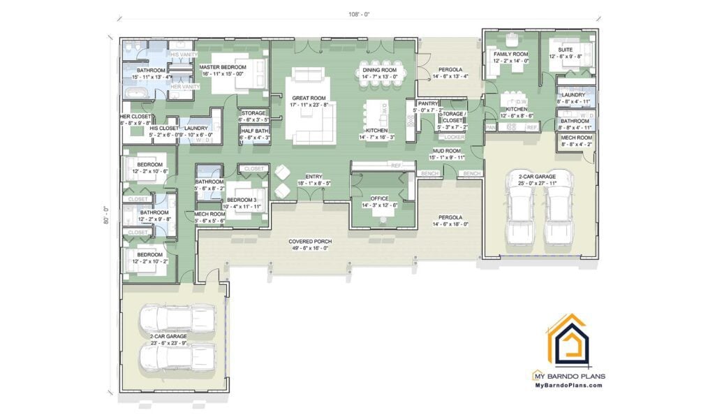 Legacy Barndominium floor plan layout showing the main 4-bedroom house and a 1-bedroom in-law suite with separate kitchen, garages, and covered porches.