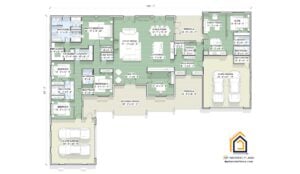 Legacy Barndominium floor plan layout showing the main 4-bedroom house and a 1-bedroom in-law suite with separate kitchen, garages, and covered porches.