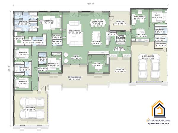 Thumb Legacy Barndominium floor plan layout showing the main 4-bedroom house and a 1-bedroom in-law suite
