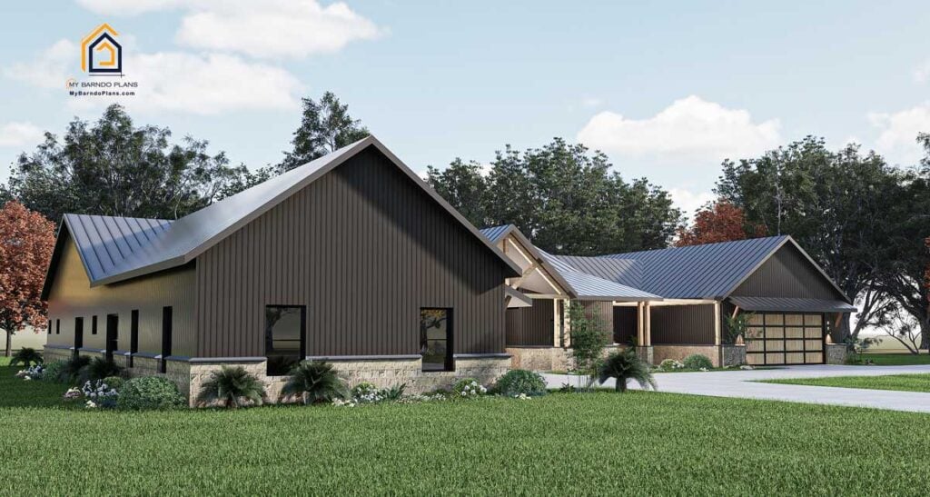 Angled side view of the Legacy Barndominium showing the garage side, detailed landscaping, and a partial view of the front entry area.