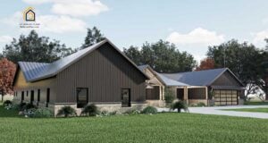 Angled side view of the Legacy Barndominium showing the garage side, detailed landscaping, and a partial view of the front entry area.