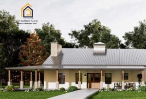 Longhorn Barndominium front porch detail with rustic wood columns and inviting seating area under covered wraparound porch