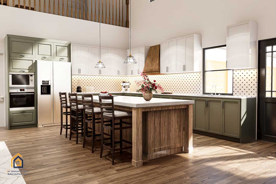 Elegant, open kitchen in the Summit Barndominium, featuring a spacious island with seating, modern appliances, two-tone cabinetry, and pendant lighting.